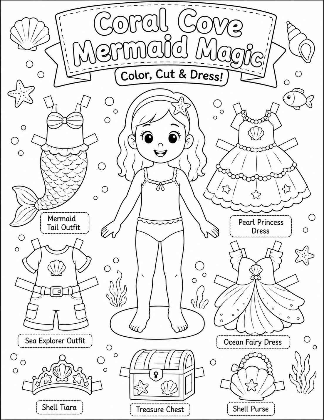 Coral Cove Mermaid Magic — Uncolored Line Art
